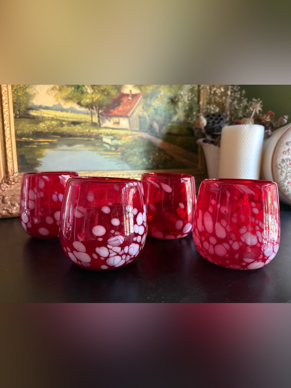Set of 4 Red & White Confetti/Splatter Hand Blown Art Glass Tumblers 12oz Mexico